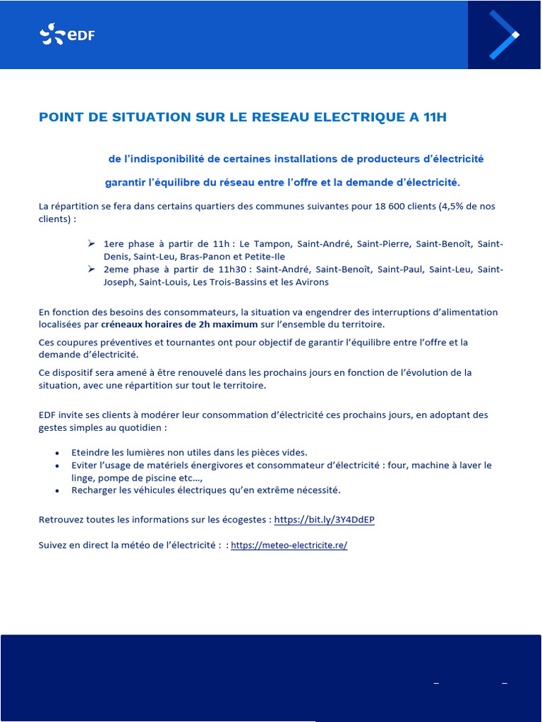 Coupures préventives EDF à La Réunion PDF Électricité Puissance — free download