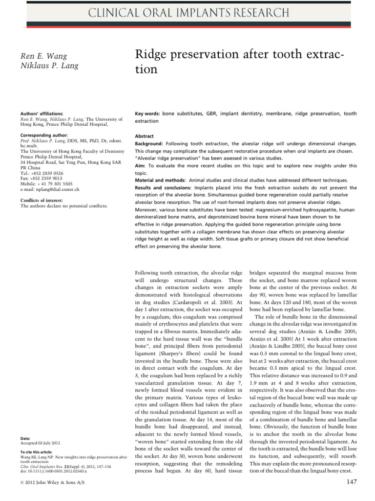 Ridge Preservation After Tooth Extraction | PDF | Dental Implant | Bone