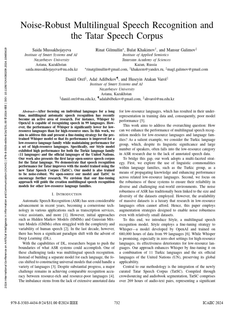 Noise-Robust Multilingual Speech Recognition and The Tatar Speech ...