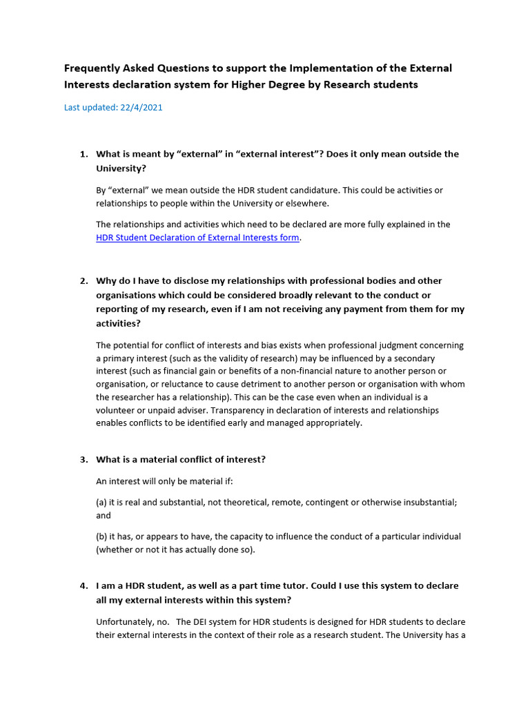 HDR Students' External Interests FAQs | PDF | Conflict Of Interest ...