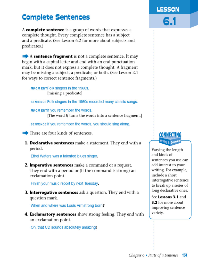 8.6.1 Complete Sentences | PDF | Sentence (Linguistics) | Language ...