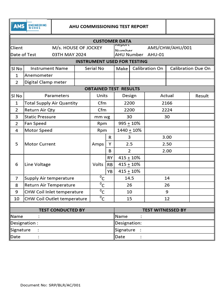 AHU Commissioning Test Report 2024 | PDF | Mains Electricity ...