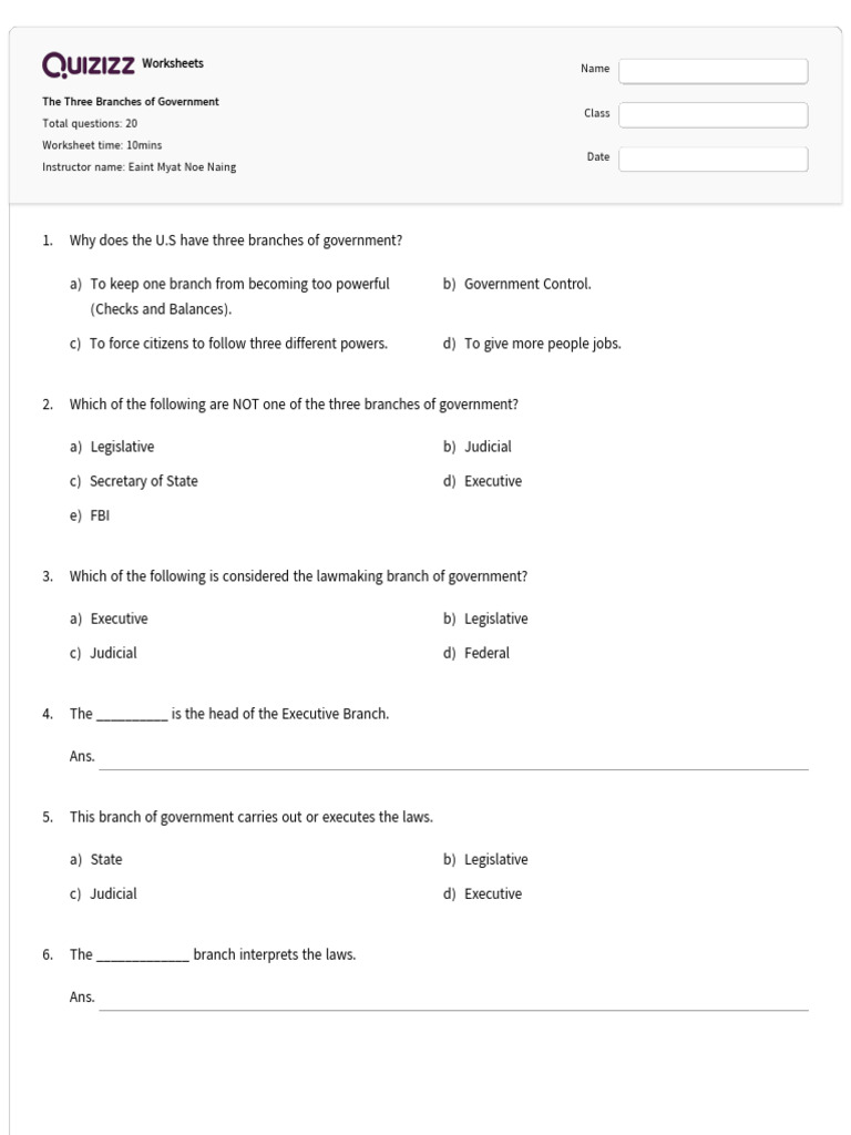 The Three Branches of Government - Quizizz | PDF | Presidents Of The ...