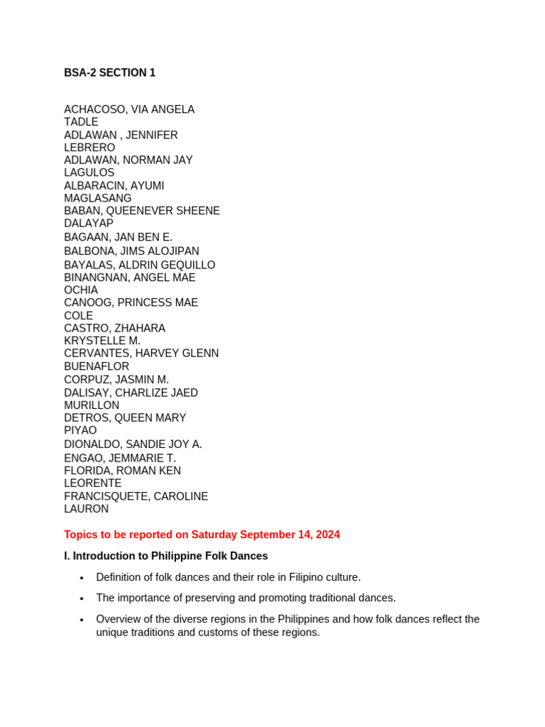 BSA 2 SECTION 1 Batch 1 Reporting | PDF | Dances | Philippines