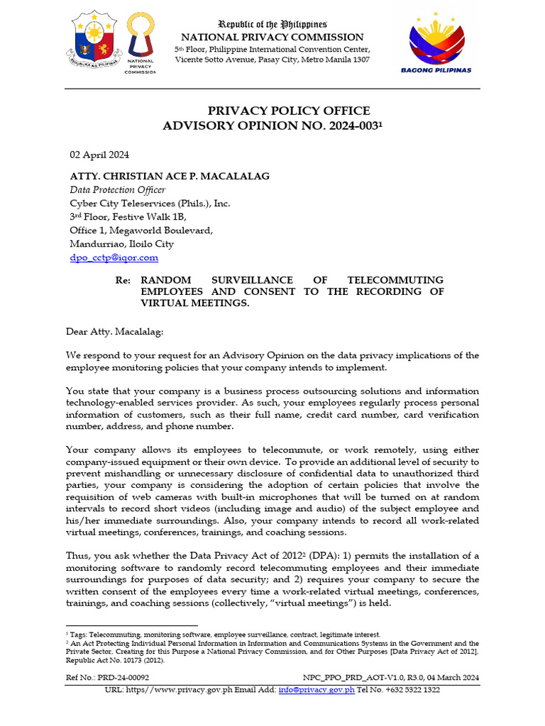 Surveillance of Telecommuting Employees and Consent To The Recording of ...