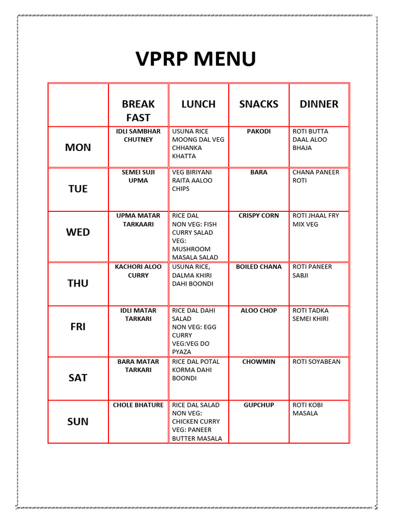 Weekly VPRP Menu: Breakfast to Dinner | PDF | Religion & Spirituality