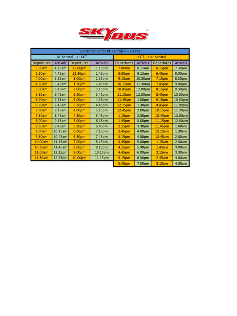 KL Sentral-LCCT Bus Timetable | PDF