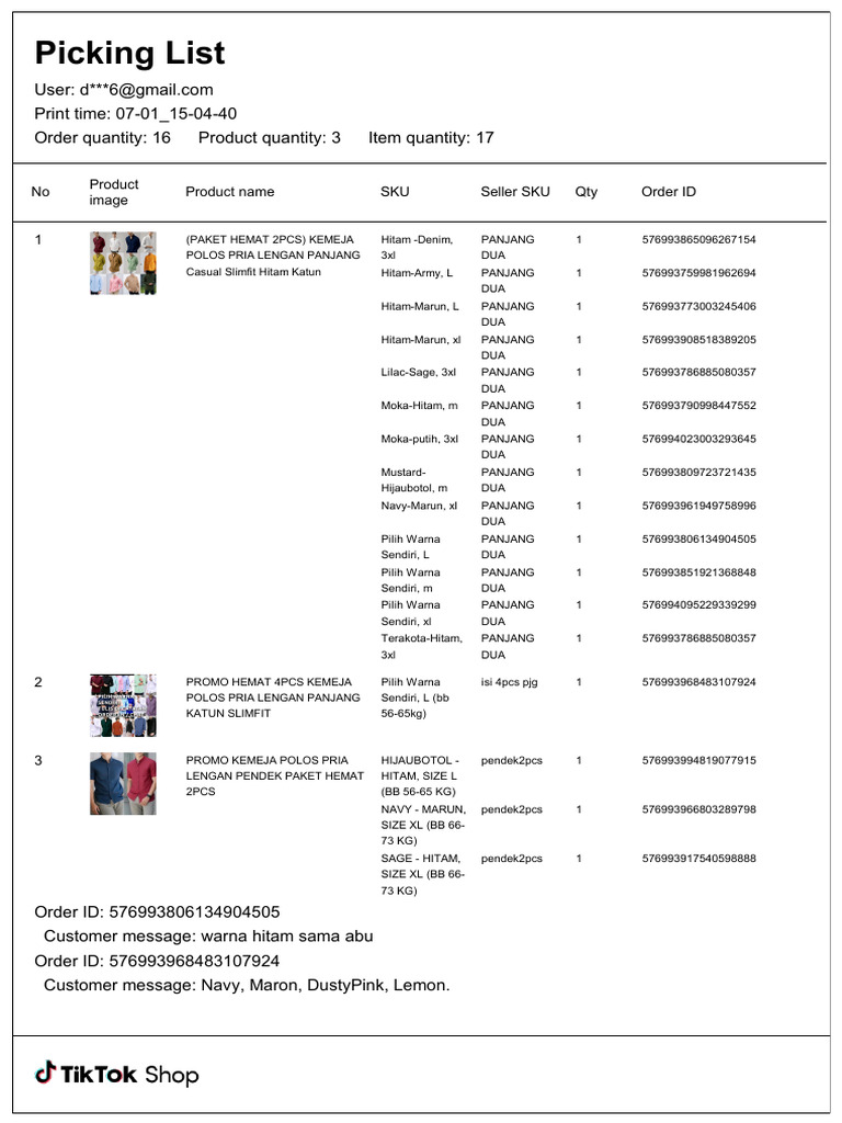 Daftar Pesanan Kemeja Pria | PDF