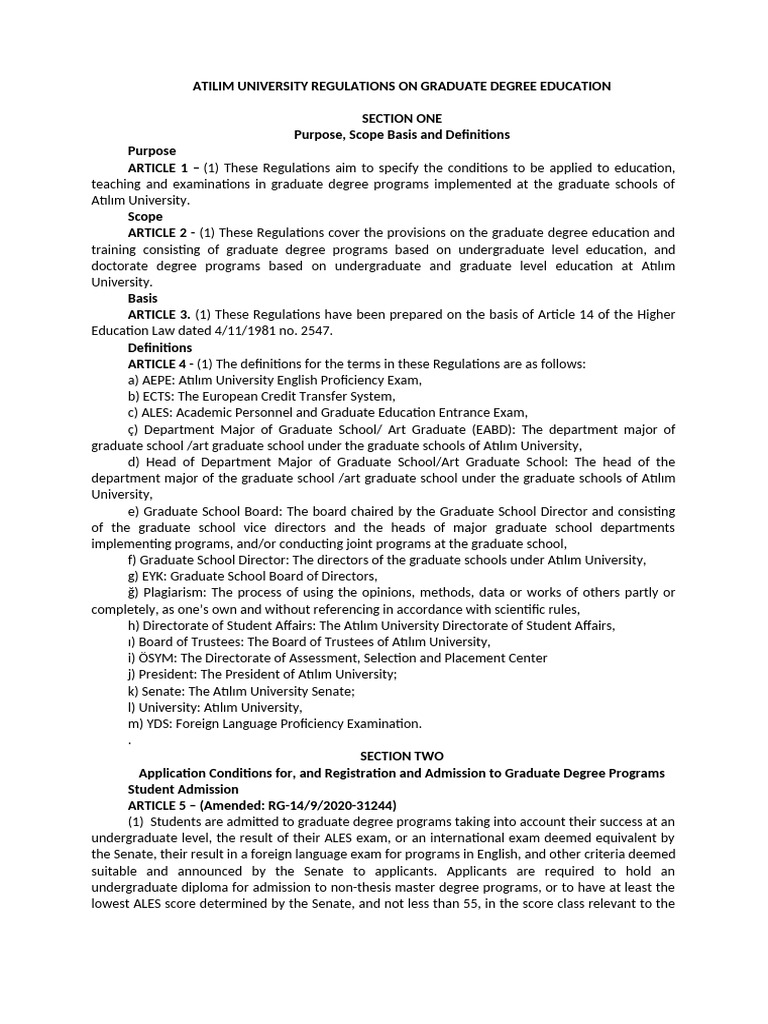 1.2 - Atılım University Regulations On Graduate Degree Education | PDF ...