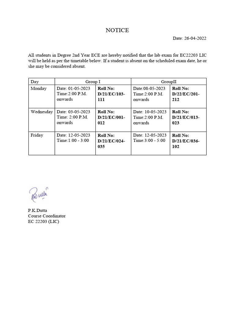 LIC Lab Exam Schedule for ECE Students | PDF