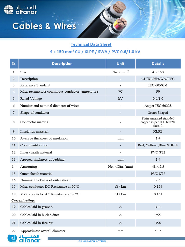 4x150mm² CU/XLPE/SWA/PVC Cable Data | PDF | Electrical Conductor ...