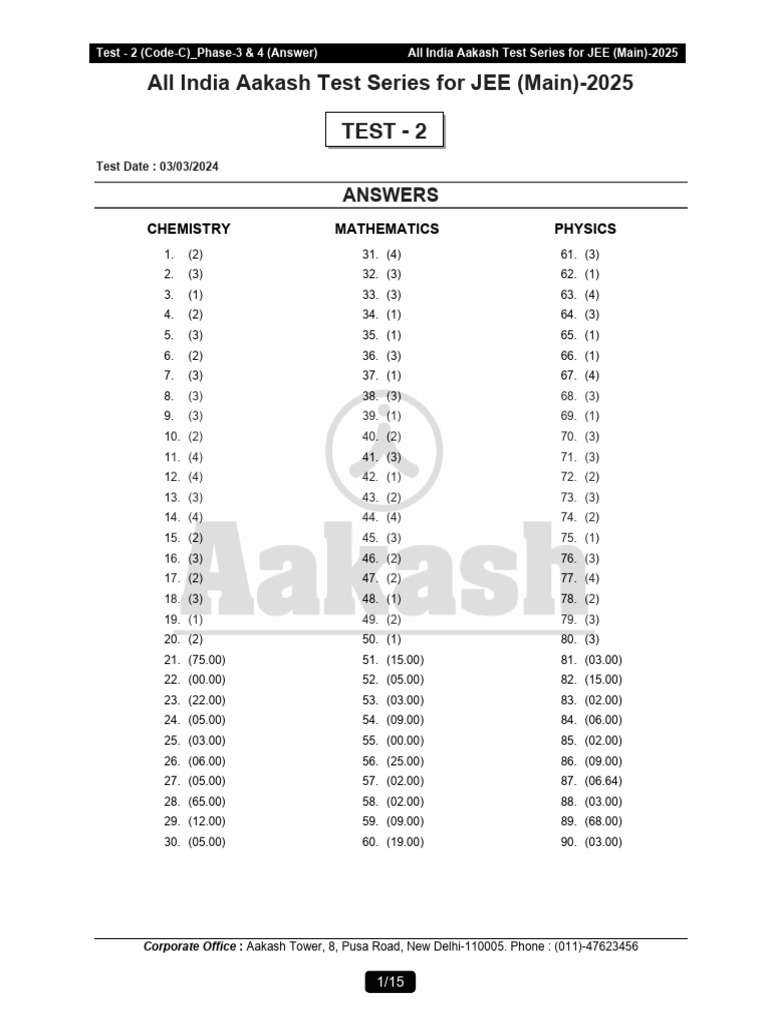 JEE Main 2025 Test 2 Answers & Hints | PDF | Organic Chemistry | Chemistry