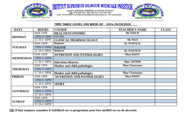 Time Table Level 200-4 | PDF