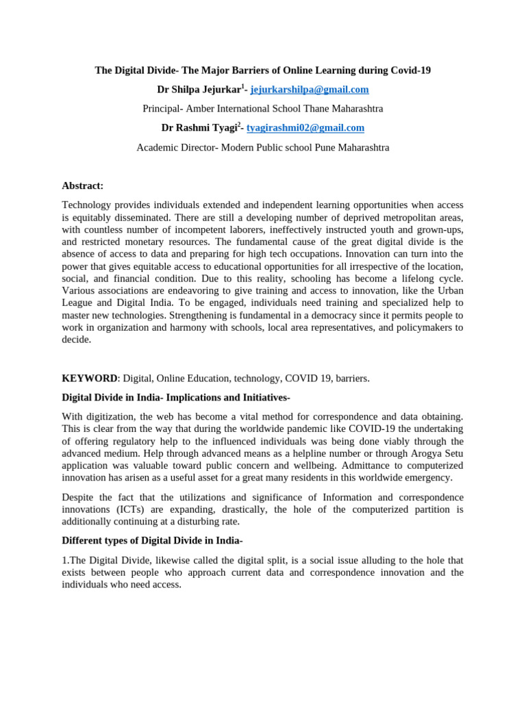 Major Barriers of Online Learning - Digital Divide in India | PDF ...