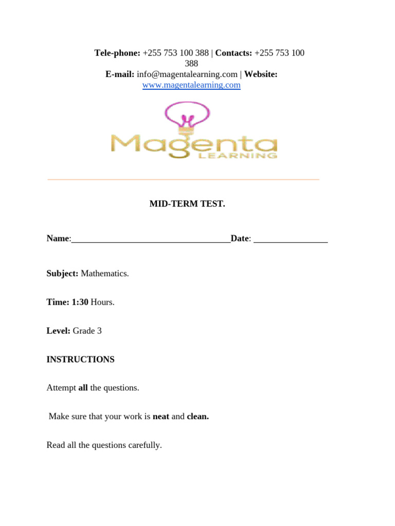 Grade 3 Mathematics Mid-Term Test | PDF | Mathematics