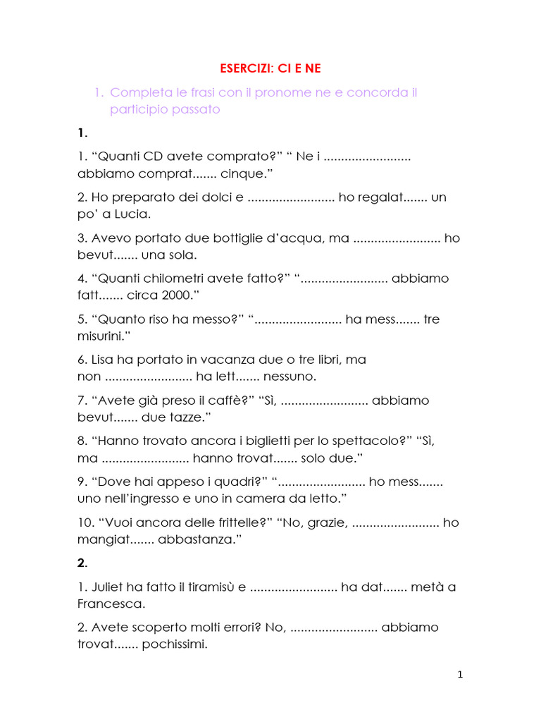 Completa Le Frasi Con Il Pronome Ne e Concorda Il Participio Passato | PDF