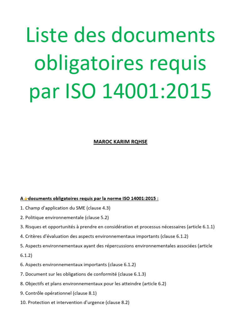 Documents requis pour ISO 14001:2015 | PDF