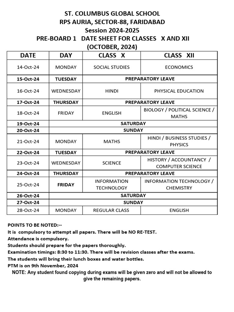 Preboard 1 Datesheet for Classes x and Xii(2425) PDF