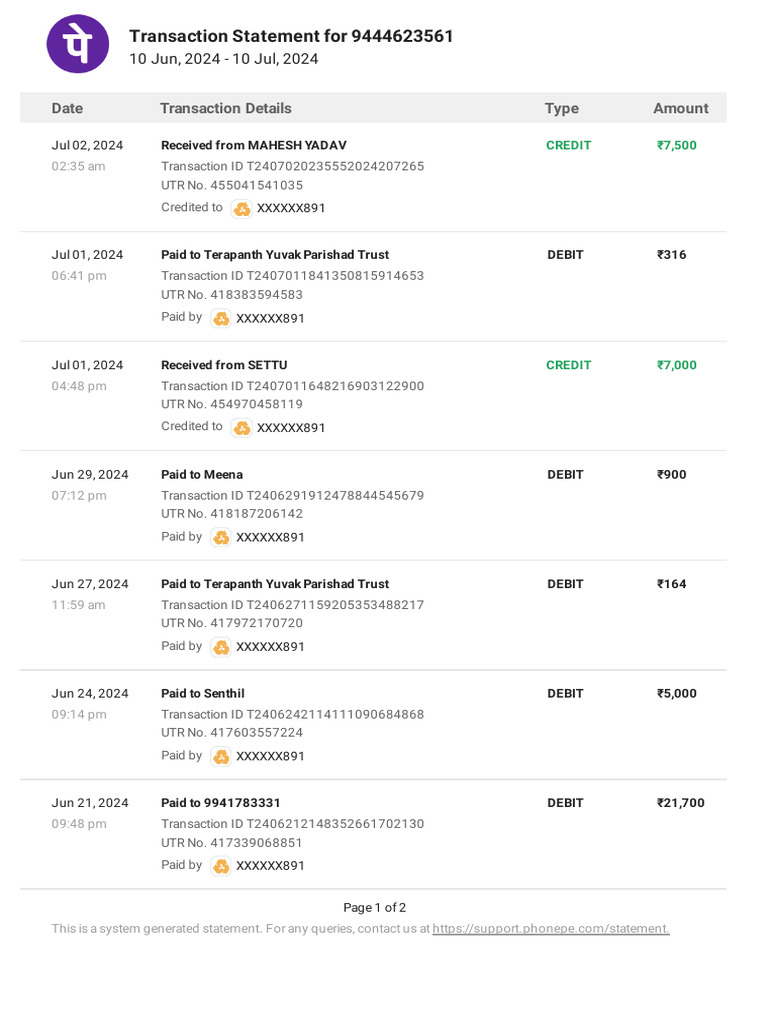 Transaction Statement Summary: Jun-Jul 2024 | PDF | Debit Card ...