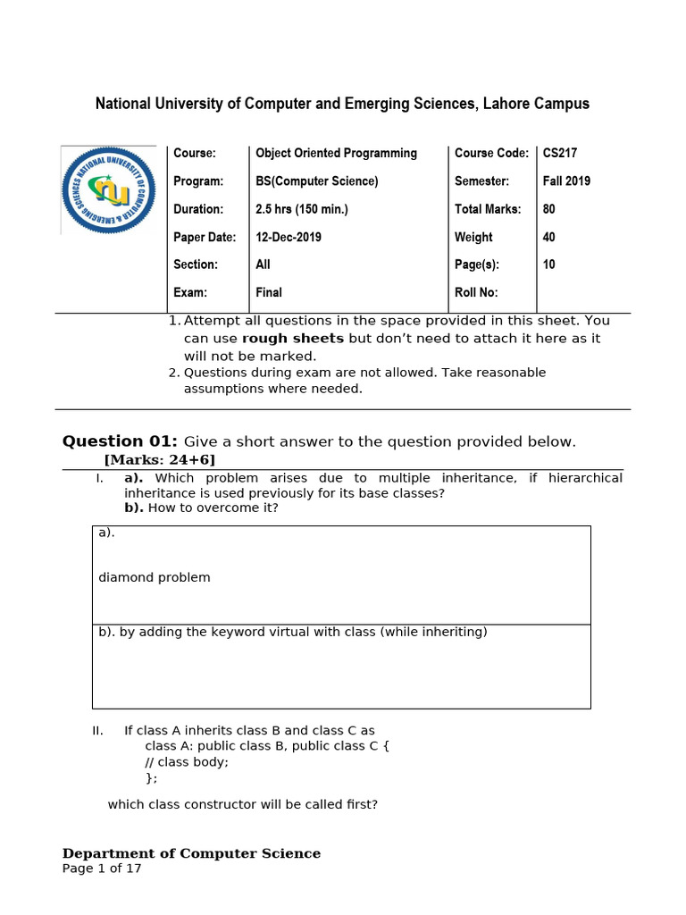 OOP - FINAL - Fall 2019 0.1 (Sol) | PDF | Pointer (Computer Programming ...