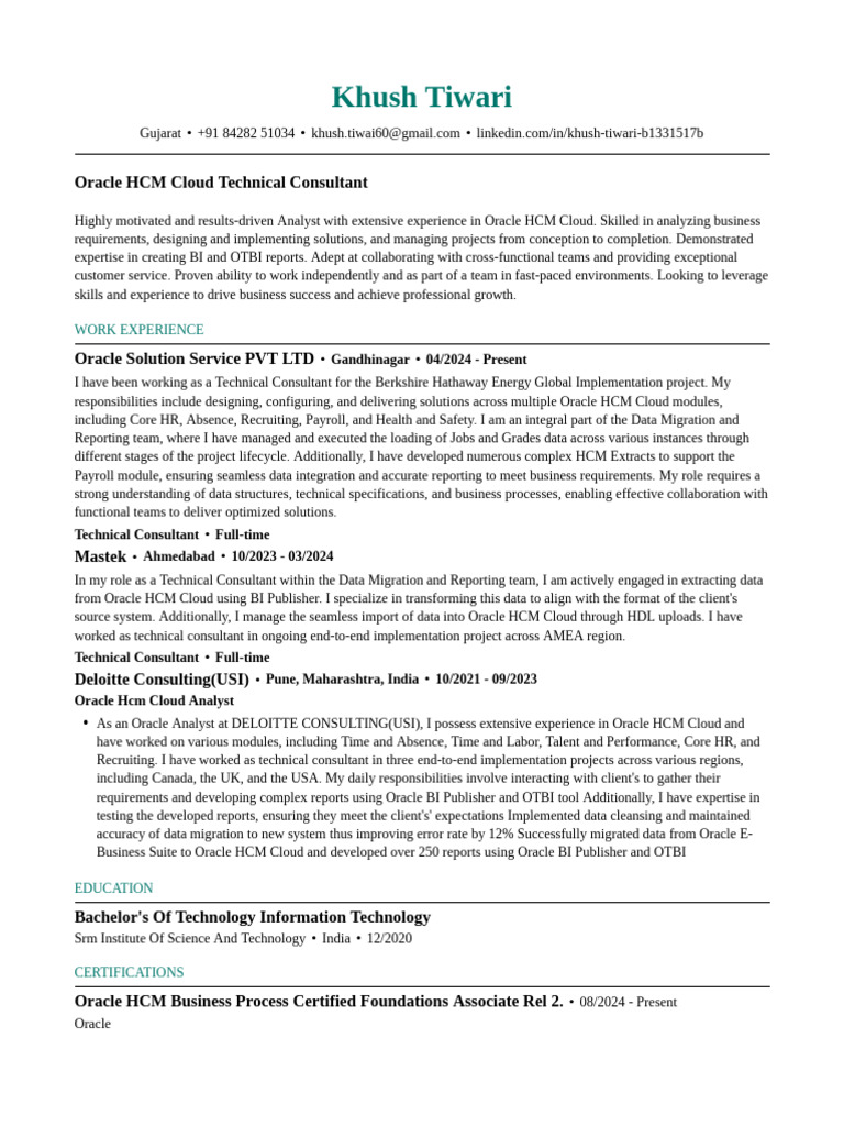 Oracle HCM Cloud Consultant Resume | PDF | Cloud Computing | Human ...