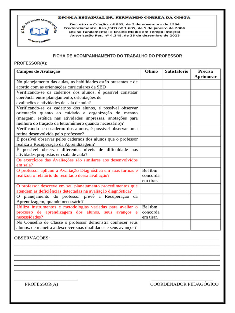 Ficha de Acompanhamento do Professor | PDF | Aprendizado | Pedagogia