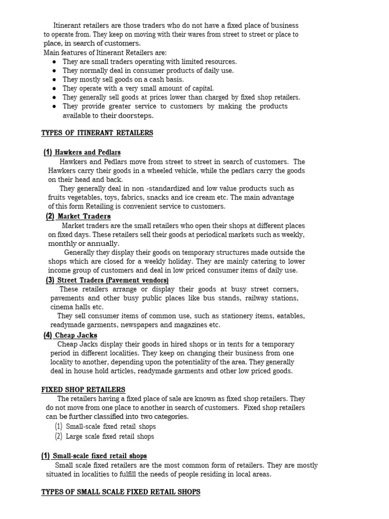 Types of Retailers: Itinerant vs Fixed | PDF | Retail | World Trade ...