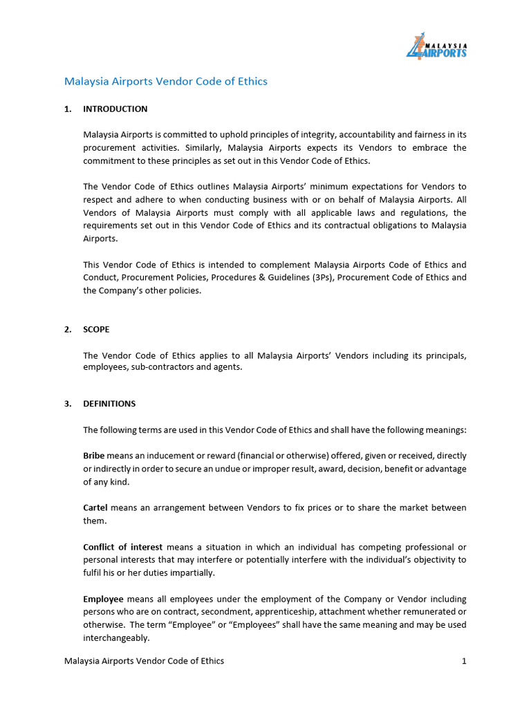 Malaysia Airports Vendor Ethics Code | PDF | Bribery | Private Law