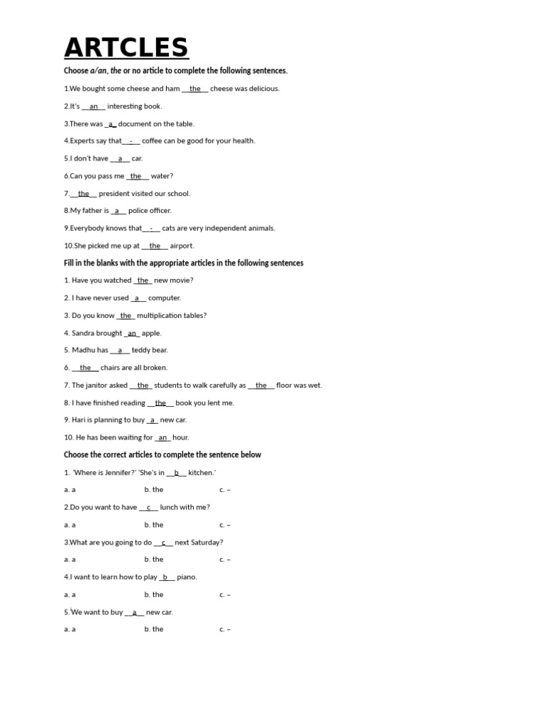 Article Usage Practice Exercises | PDF