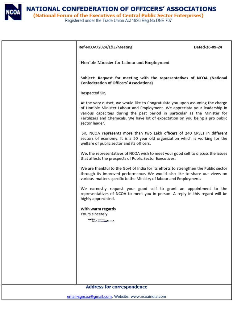 NCOA Meeting Request to Labour Minister | PDF | Economies