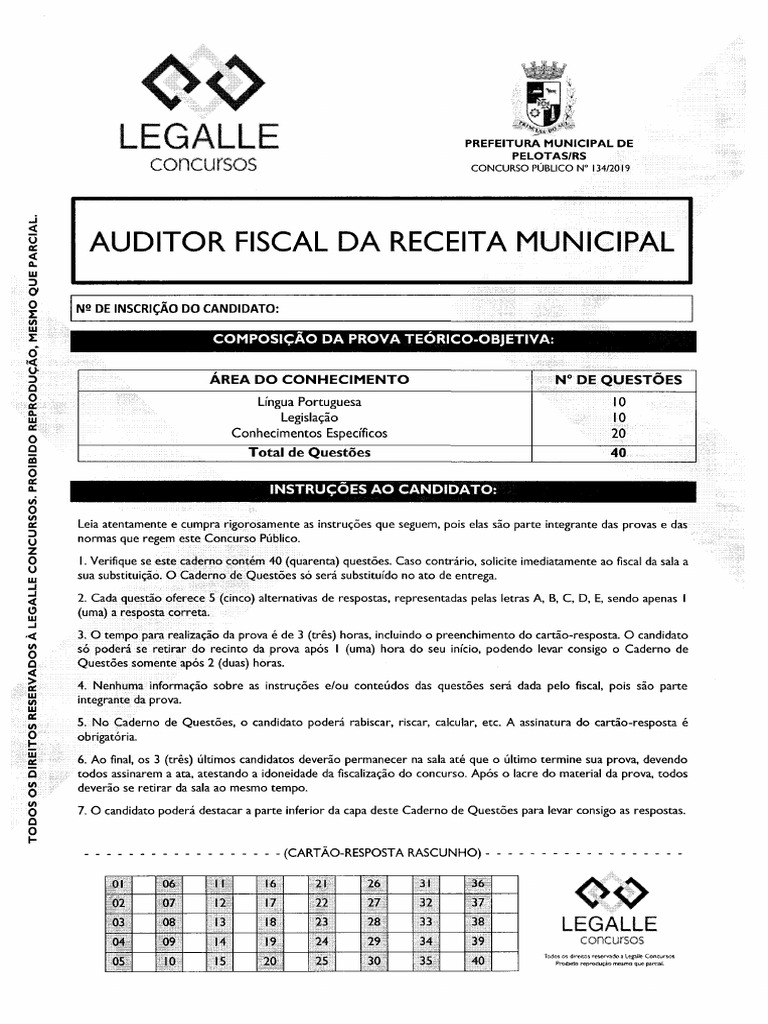 Prova Concurso Auditor Fiscal Pelotas 2019 | PDF