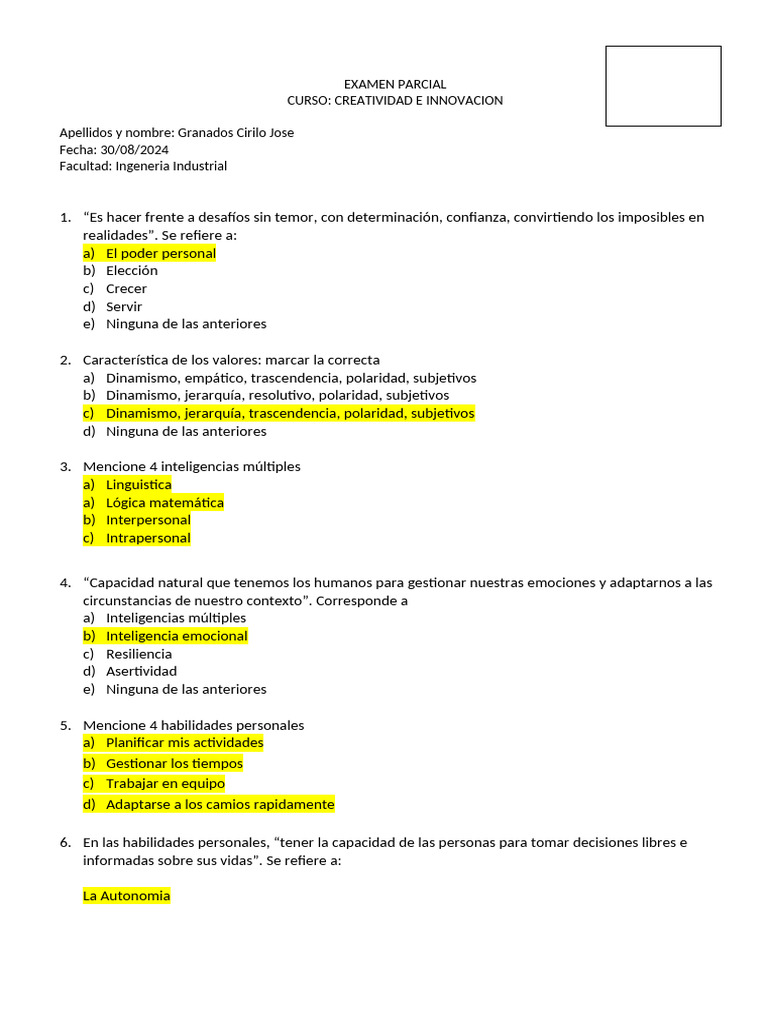Examen Parcial: Creatividad e Innovación | PDF | Evaluación | Análisis FODA