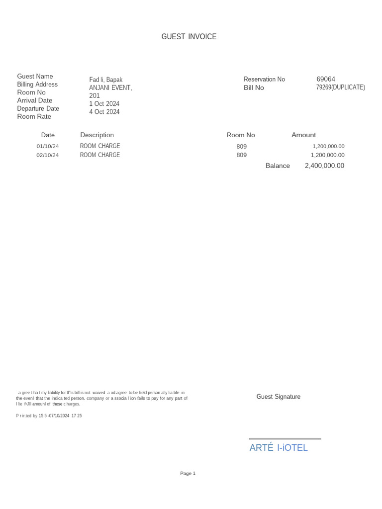 Hotel Invoice for Event Guest | PDF