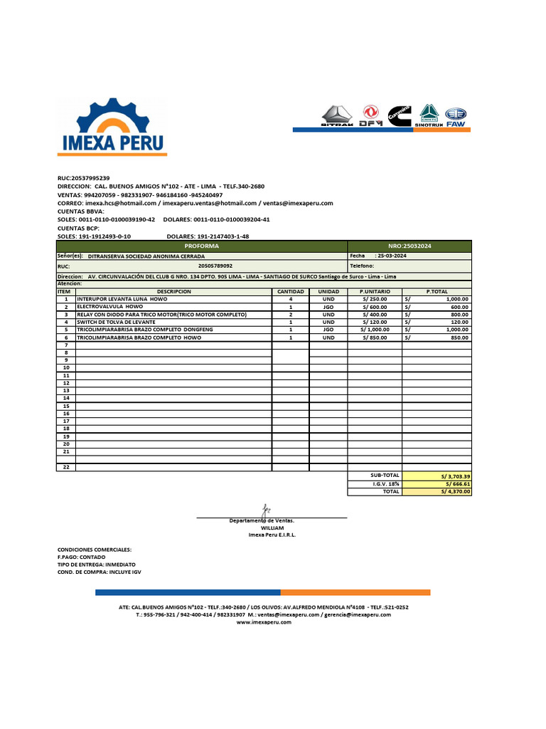 Proforma de Ventas - Imexa Perú | PDF