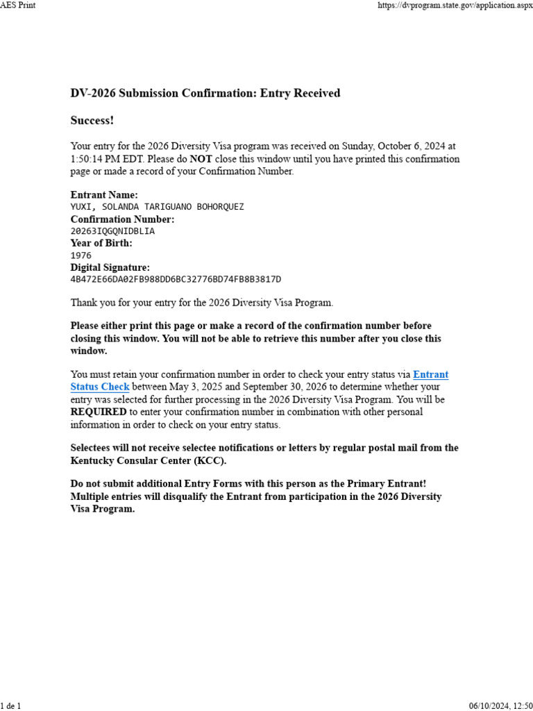 DV-2026 Entry Confirmation Received | PDF