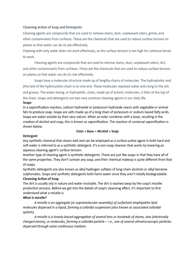 Cleansing Action of Soaps and Detergents | PDF | Detergent | Surfactant
