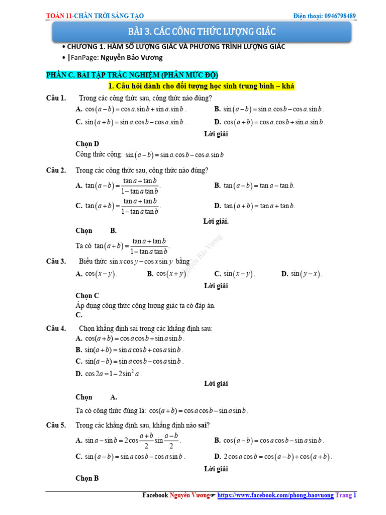 Bài 3. Các Công TH C Lư NG Giác - DA - TN | PDF