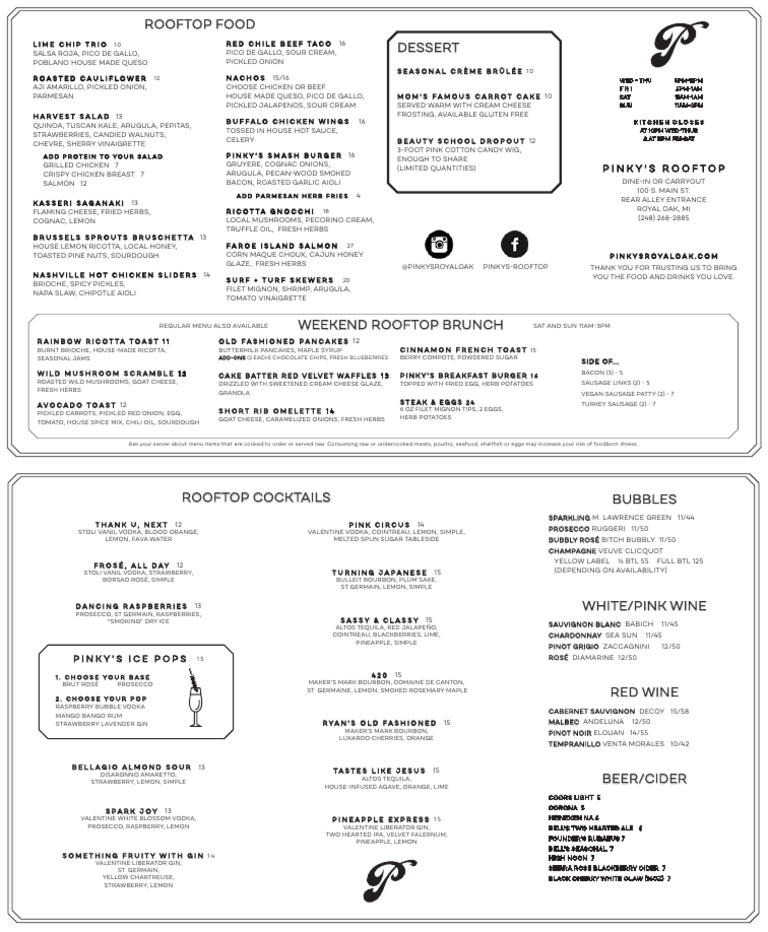 Rooftop Brunch Menu at Pinky's | PDF | Pickling | Sausage