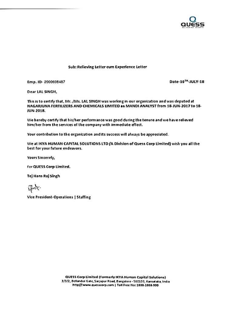 614164210 Quess Experience Letter PDF
