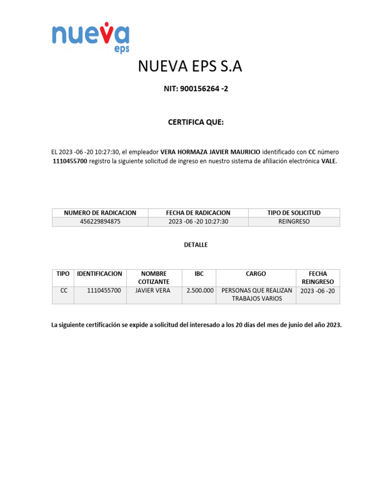 Certificación de Reingreso a Nueva EPS | PDF