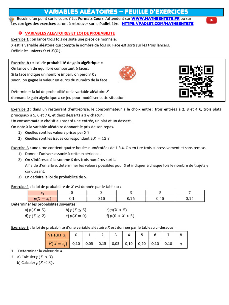 Exercices sur les Variables Aléatoires | PDF | Espérance mathématique ...