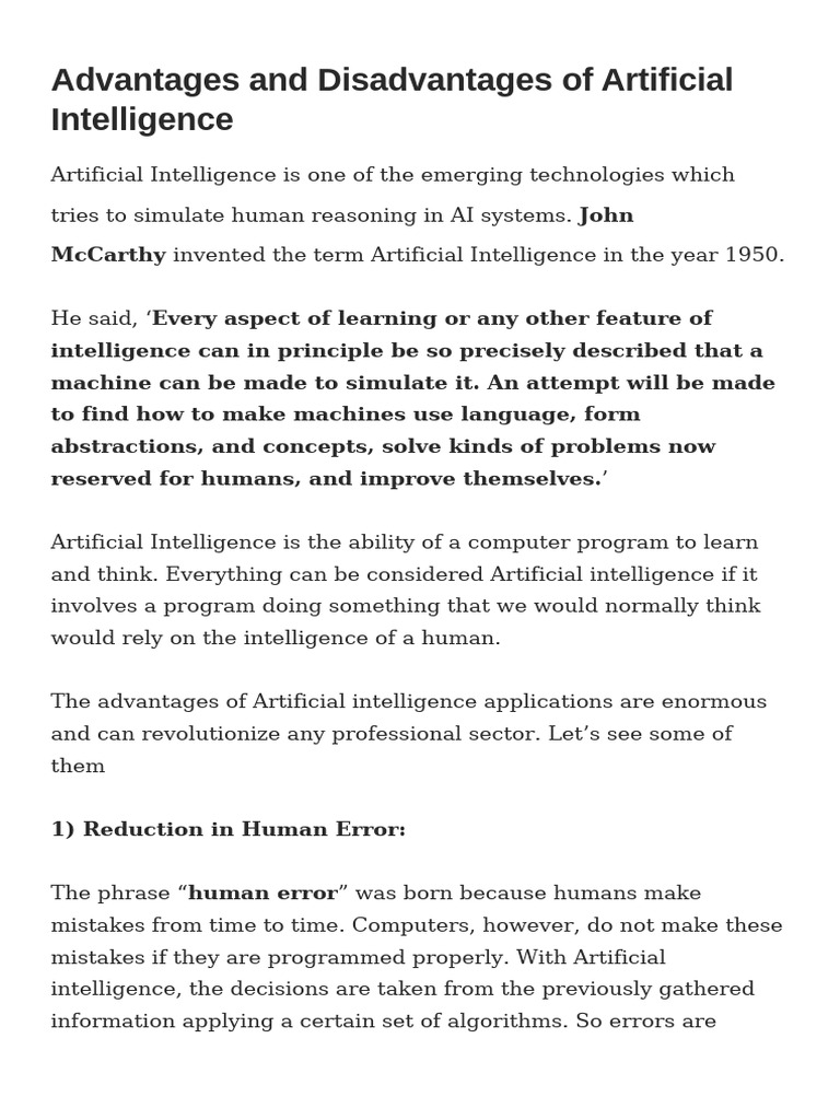 Advantages and Disadvantages of Artificial Intelligence | PDF ...