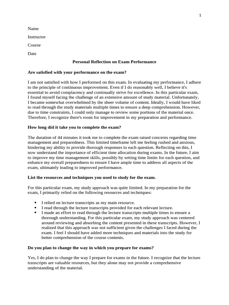 Personal Reflection on Exams Performance | PDF | Reading Comprehension ...
