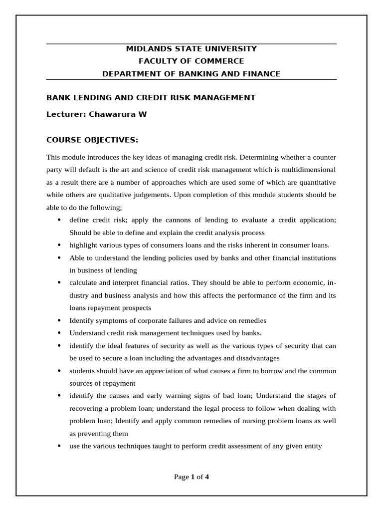 Bank Lending & Credit Risk Management | PDF | Credit | Finance & Money ...