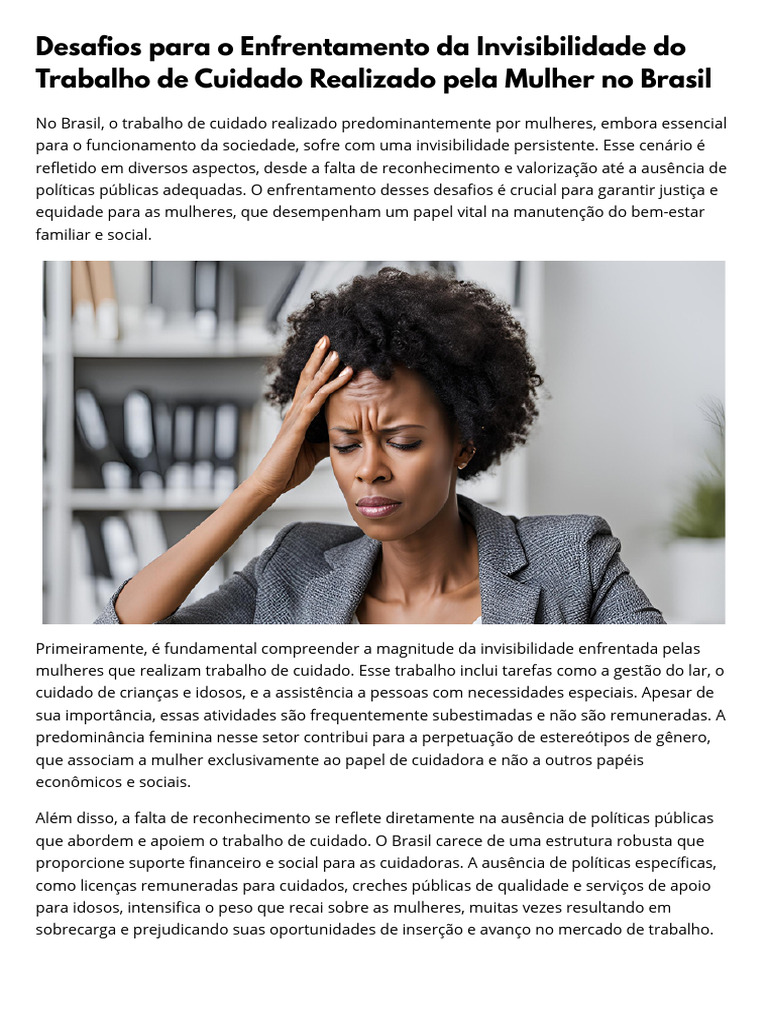 Desafios para o Enfrentamento Da Invisibilidade Do Trabalho de Cuidado ...