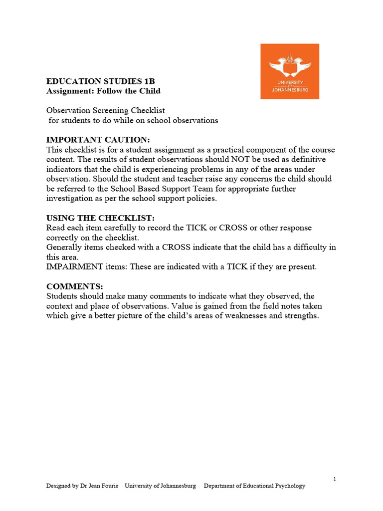 Sensory Development Checklist for Teachers Dr Jean Fourie PDF