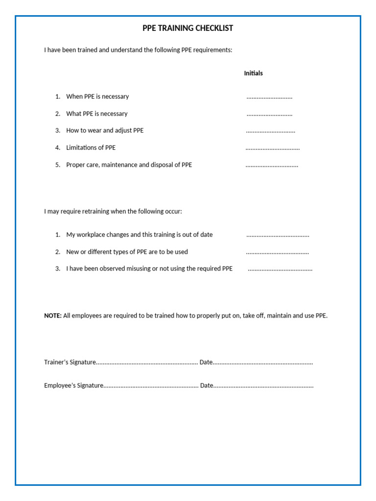 PPE Training Checklist Template | PDF | Technology & Engineering