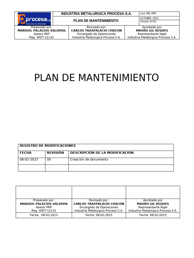 PRC-PRP-25 Plan de Mantenimiento Procesa | PDF | Ingeniería
