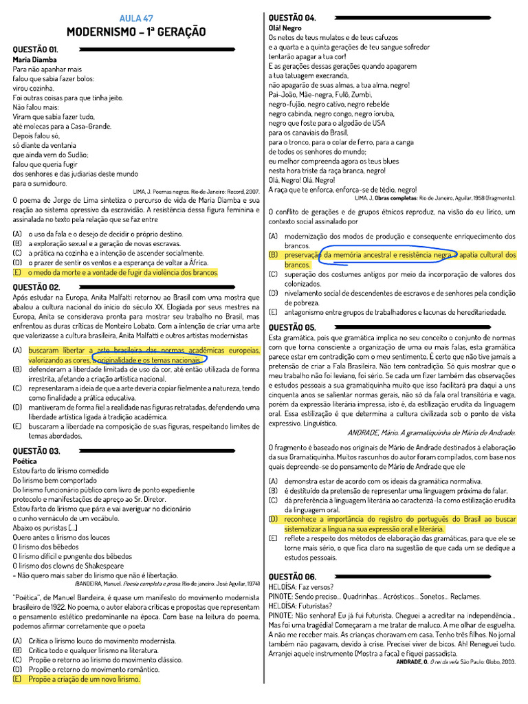 Gabarito - Modernismo | PDF