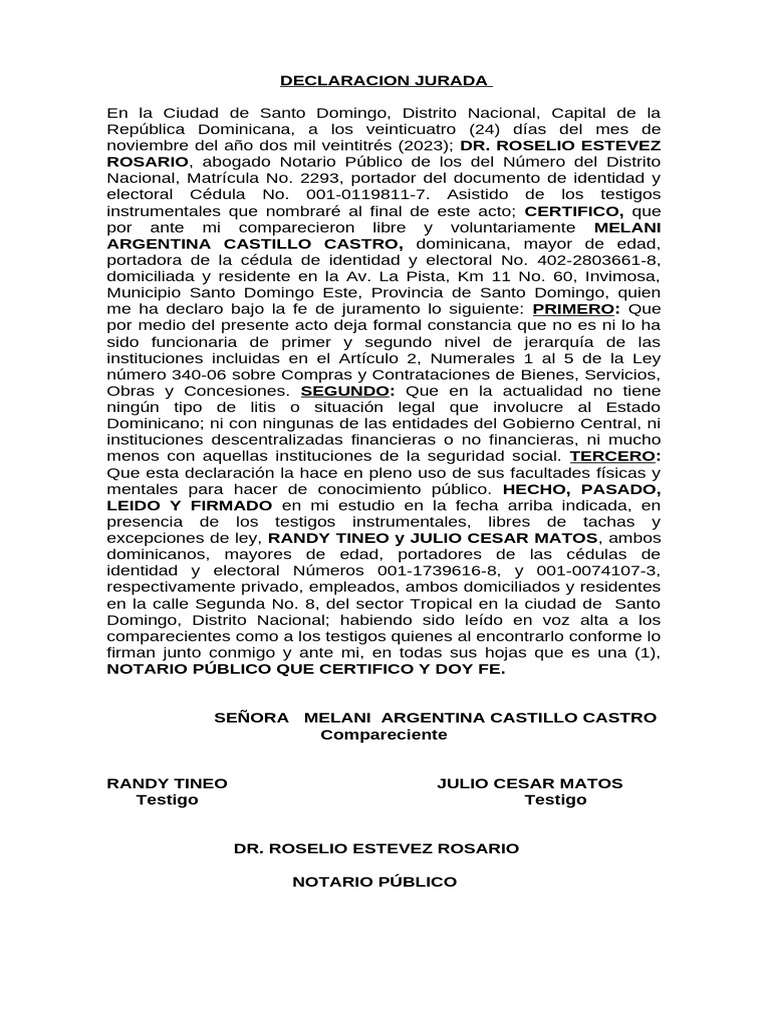 DECLARACION JURADA MELANI | PDF | Documento de identidad | República